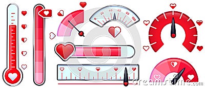 Love meter. Valentines Day card, love indicator with red hearts and love thermometer. Red heart meters vector set Vector Illustration