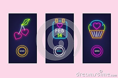 Love mobile app set with neon glow icons. Virtual love. UI design Stock Photo