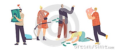 Love Money, Greed, Cupidity Concept. Greedy Male and Female Characters Excited to Gain Money, Hugging Piggy Bank Vector Illustration