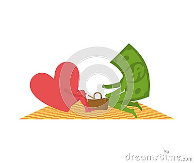 Love and money On picnic. Selling love. Dollar and heart. Basket Vector Illustration