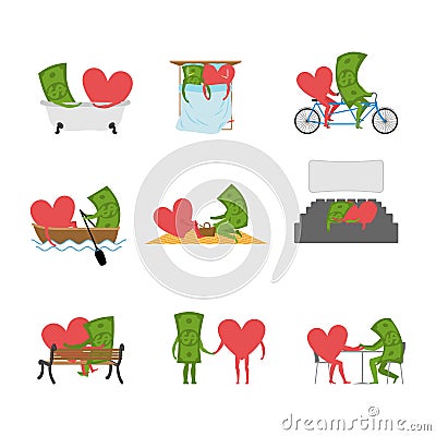 Love and money set. Dollar and heart in movie theater. Lovers in Vector Illustration