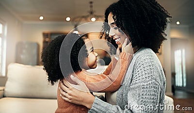 Love, mother and girl on couch, quality time and bonding in living room, happiness and sweet moment. Family, happy mama Stock Photo