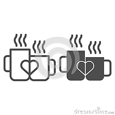 Love mugs line and glyph icon. Cups with heart vector illustration isolated on white. Two valentine mugs outline style Vector Illustration