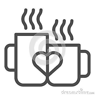 Love mugs line icon. Cups with heart vector illustration isolated on white. Two valentine mugs outline style design Vector Illustration