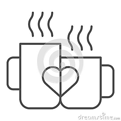 Love mugs thin line icon. Cups with heart vector illustration isolated on white. Two valentine mugs outline style design Vector Illustration