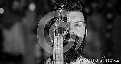 Love Music. Musician, artist on pensive, calm face and guitar neck. Stock Photo