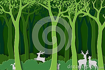 Love nature with animal wildlife in green woods,paper art design for World forest day,banner or poster Vector Illustration