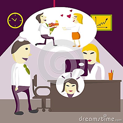 Love in office. Man manager dreams that a woman will marry him Vector Illustration