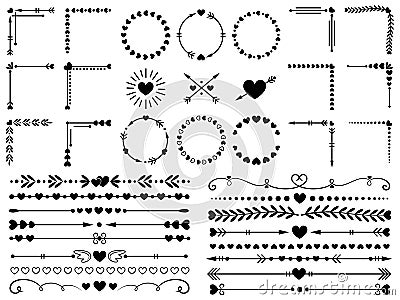 Love ornaments. Wedding hearts ornamental, decorative heart border and inlove frame design ornament vector elements set Vector Illustration