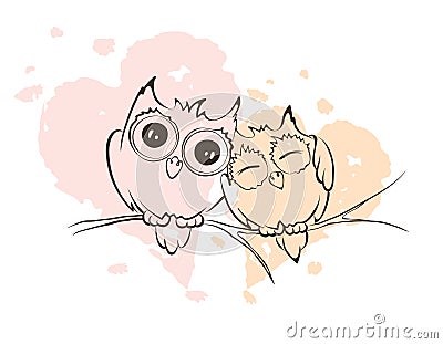 Love owls on a branch Vector Illustration