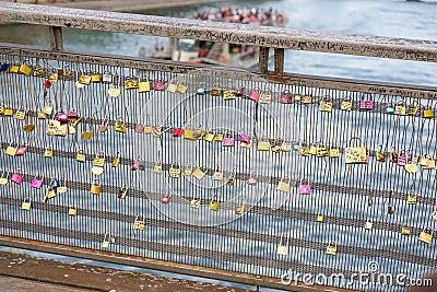 Love padlocks on Pont des Arts bridge in Paris, France. Stock Photo