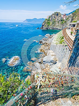 Love padlocks in Riomaggiore, ancient village in Cinque Terre, Italy. Stock Photo