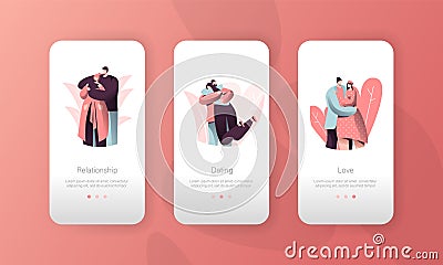 Love Pair People Relationship Mobile App Interface Set. Man Hugging Woman on Valentine Date. Romantic Lover Character Vector Illustration