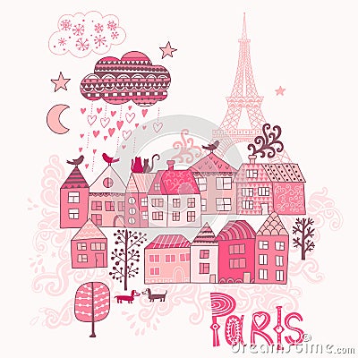 Love in Paris doodles. Street in old town graphic illustration. Vector Illustration