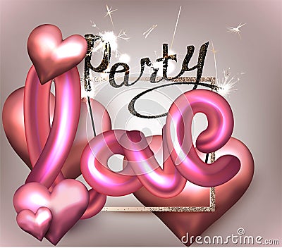 Love party invitation card with hearts, gold frame, sparkler and letters. Vector Illustration
