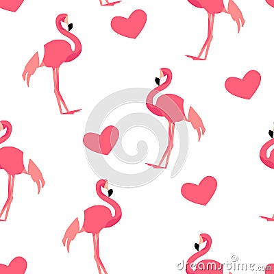 Love pattern with cute flamingo and hearts on white background. Ornament for textile and wrapping. Vector Vector Illustration