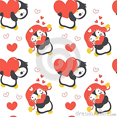 Love pattern seamless with Cute baby penguins Valentine with heart, animal cartoon drawing illustration Vector Illustration