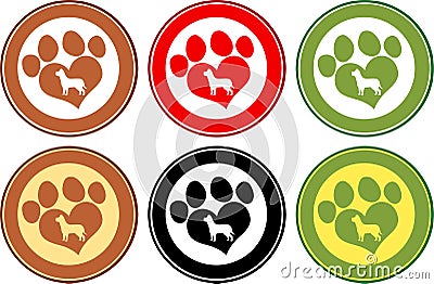 Love Paw Print Circle Banners. Collection Set Vector Illustration