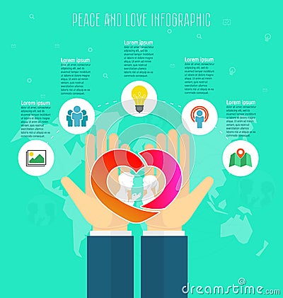 Love and peace concept, infographic template. Save love, hands holding red heart, people silhouette, abstract world map Vector Illustration