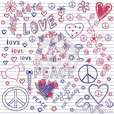 Love, Peace & Music Sketchy Notebook Doodles Vector Illustration