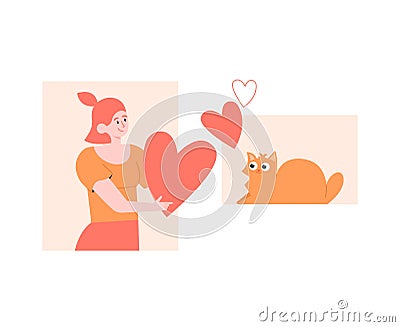 Love of pet and owner. Girl gives heart to a cat. Vector Illustration
