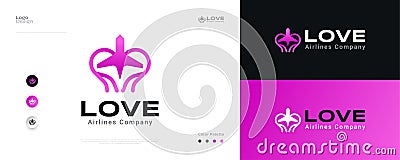 Love Plane Logo Design in Pink Gradient Concept. Heart Airplane Logo or Icon Vector Illustration