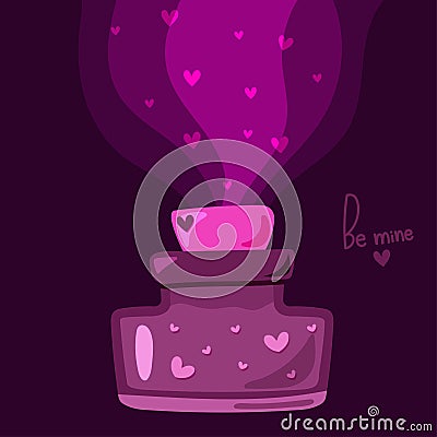Love potion in a bottle with cork a with hearts inside, spraying the smell of love in the air. Valentines daay postcrad, poster, Vector Illustration