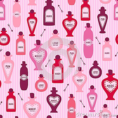 Vintage style pink Love Potion Bottles seamless Pattern Vector Illustration