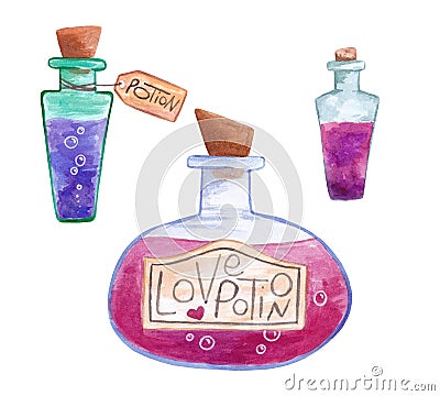 Love potion set Watercolor bottles with potion Witch set Stock Photo