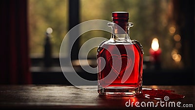 Love potion. A single glass bottle filled with red liquid. Symbolizing a magical elixir of love. Stock Photo