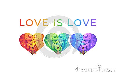 Love is love. Pride month rainbow illustration with cute chameleons Vector Illustration