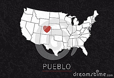 Love Pueblo Picture. Map of United States with Heart as City Point. Vector Stock Illustration Stock Photo