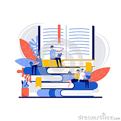 Love reading concept with character. People literature on a huge stack of books. School textbooks library, self education. Modern Cartoon Illustration