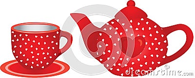 Love red tea cup and teapot Vector Illustration