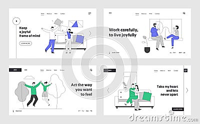 Love Relations, Togetherness Website Landing Page Set. Happy Loving Couple Spend Time Together Fight on Pillows Vector Illustration