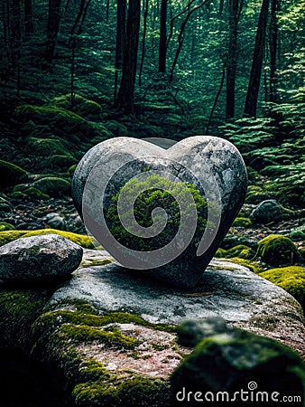 Heart-shaped Stone with moss, on top of a rock in the middle of a forest with trees. Stone of love. Generative AI Stock Photo