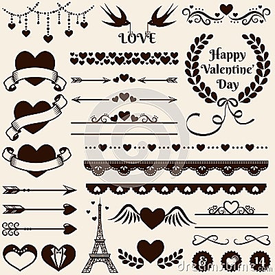 Love, romance and wedding design elements. Vector set. Vector Illustration