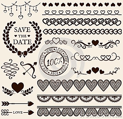 Love, romance and wedding design elements. Vector set. Vector Illustration