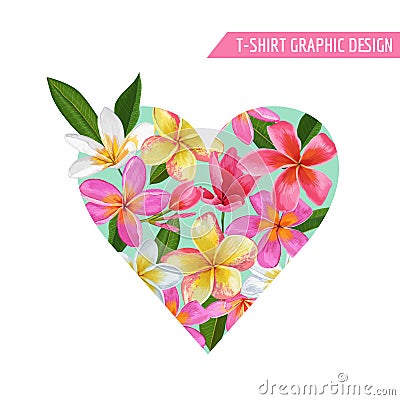 Love Romantic Floral Heart Spring Summer Design with Pink Plumeria Flowers for Prints, Fabric, T-shirt, Posters Vector Illustration