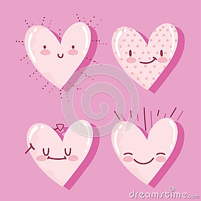 Love romantic hearts cartoon happy expression icons pink background Vector Illustration