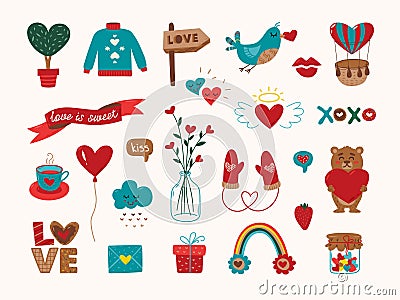 Love romantic stickers. Cute sticker for letter or diary, postcards patch kit. Heart and bouquet, rainbow and cartoon Vector Illustration