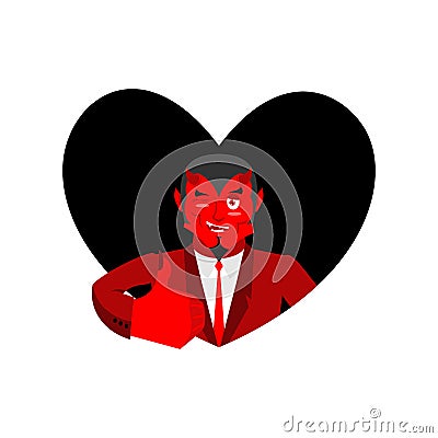 Love of Satan. Devil and black heart. Thumb up. Red Daemon Vector Illustration