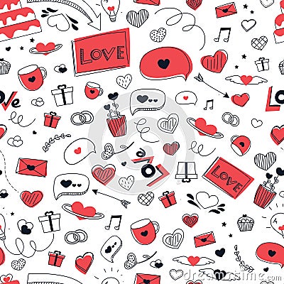 Love seamless pattern with black and red icons for valentine day or wedding in doodle style, love you lettering Vector Illustration