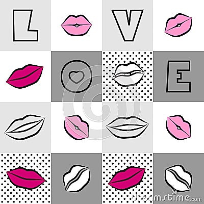 Love seamless pattern with lips, mouth Vector Illustration