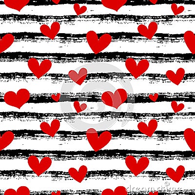 Love seamless pattern with red hearts. Striped background Vector Illustration