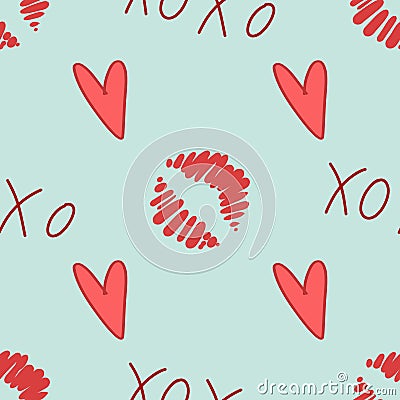 Love seamless pattern. Valentine Day Xo xo. vector hand drawn xoxo text and heart Vector Illustration