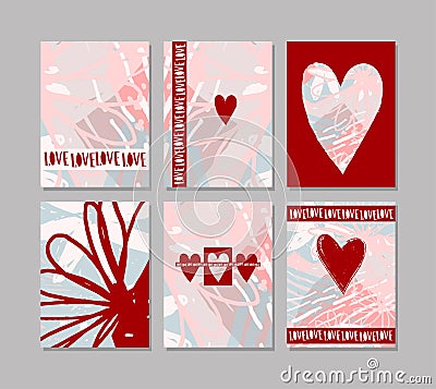 Love. Set of modern cards on an abstract floral background. Pink and red poster with heart and text for wedding, Valentine s day, Cartoon Illustration