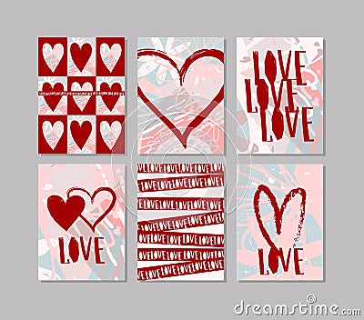 Love. Set of templates for postcards, social media, stories. Layouts in pink and red for a wedding, Valentines Day Vector Illustration