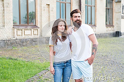 Love should not be all on one side. Couple in love. Love affair. Developing love relationship. Bearded man and adorable Stock Photo