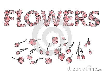 LOVE sign or lettering made with sakura flowers and leaves Vector Illustration